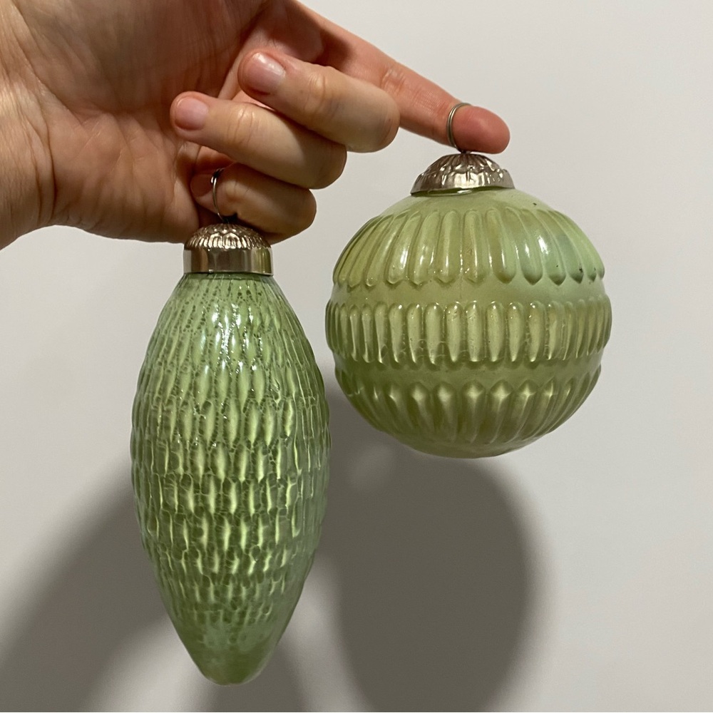 2 Vintage KUGEL Green Glass Bumpy Heavy Tree Christmas Ornaments 6” 4.5”